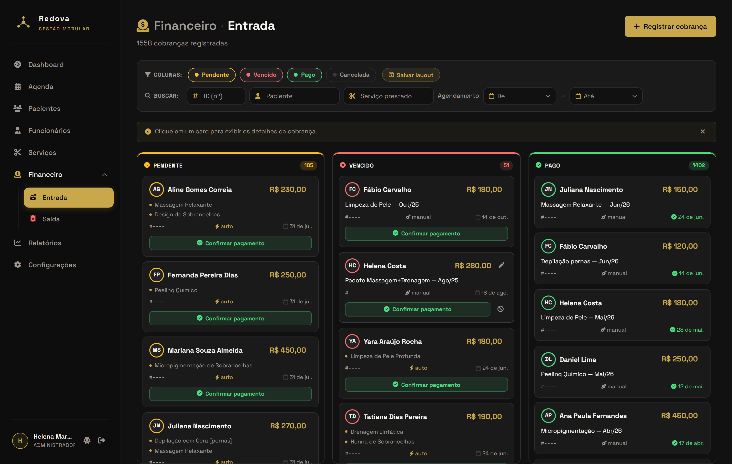 Quadro financeiro da Redova com cobranças em pendente, vencido e pago